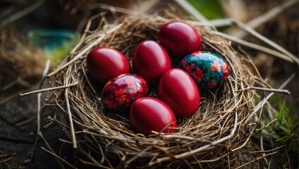 Fototapeta na wymiar A traditional Easter setting with vibrant red eggs nestled in a hay bed, symbolizing renewal and festive joy