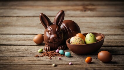 Chocolate Easter bunny beside a bowl of colorful Easter eggs, symbolizing tradition and festive...