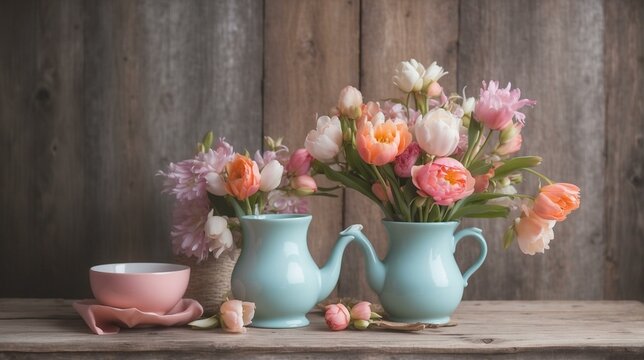 A soft-hued tea set complemented by a bouquet of tulips, creating a delicate table scene