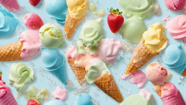An eye-catching overhead image of various colorful ice cream cones melting on a bright blue background