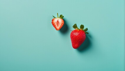 A pair of strawberries, one whole and one sliced, against a calming aqua backdrop representing freshness