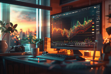 Stock market trading platform charts exchange graphs on pc computer screen. Financial technology online investment data digital money prices indexes crypto analysis and forecast background. - obrazy, fototapety, plakaty