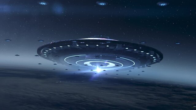 Many ufo's flying toward mothership above earth
Alien invasion sci-fi concept,4K, 2024, outer space view
