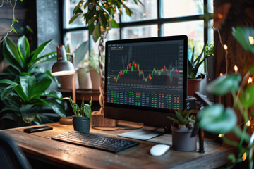 Stock market trading platform charts exchange graphs on pc computer screen. Financial technology online investment data digital money prices indexes crypto analysis and forecast background. - obrazy, fototapety, plakaty