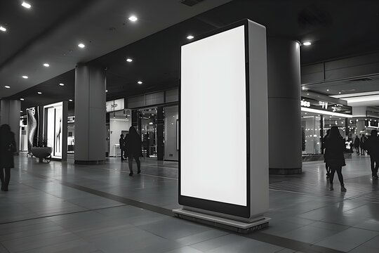 A modern black and white digital signboard mockup in a busy mall. Concept Digital Signage, Mall Display, Modern Design, Black and White Theme, Mockup