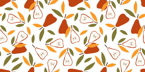 Seamless pears Pattern. Print with Pear Fruit and leaves. Repeated Doodle sketch vector illustration Food template for menu, nursery design, wallpaper, wrapping, packing, textile, scrapbooking