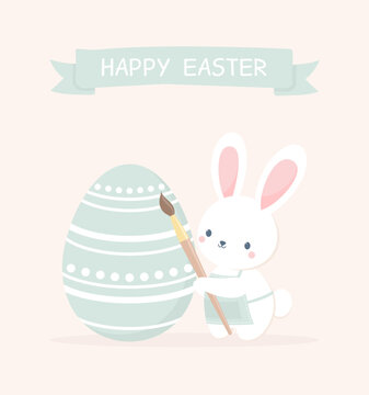 Easter greeting card. Cute Easter bunny in an apron with a brush painting an Easter egg. Flat vector illustration