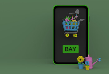 smartphone and garden tool in a market cart 3 d render cartoon on a green background