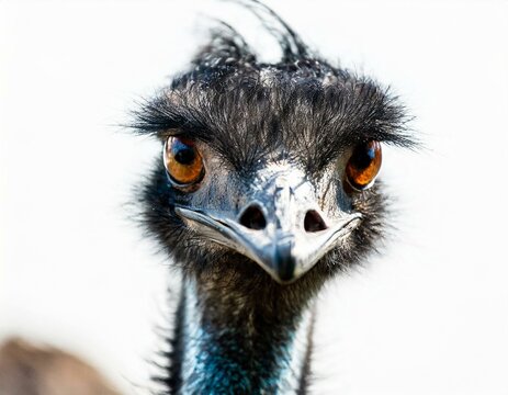 close up on a emu face and  head isolated in front of a white background looking at camera