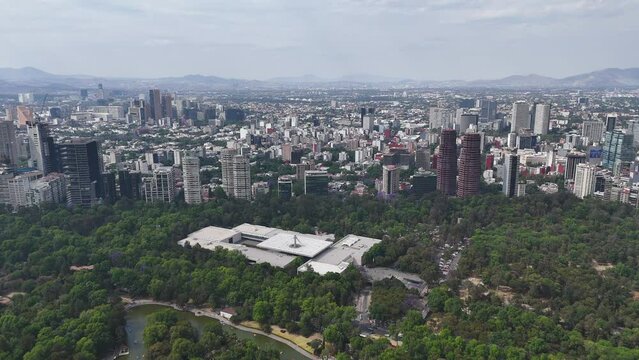 Aerial tour of the National Museum of Anthropology and its surroundings in Chapultepec Park, CDMX