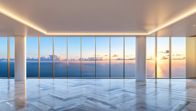 Modern interior design with expansive windows, showcasing luxurious living and panoramic views