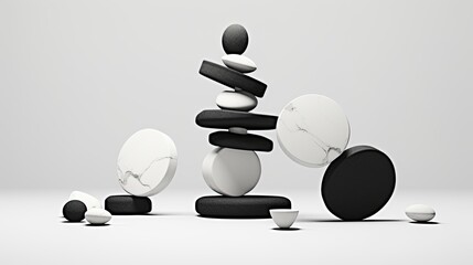 Dynamic balance of different stones in an abstract scene. Abstract composition of rounded minerals on a flat surface. Graphic design.