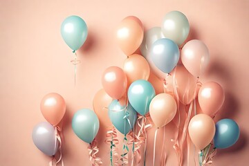 A bouquet of pastel-colored balloons tied with ribbons on a soft, pastel peach background with a subtle gradient effect