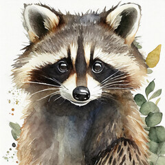 Watercolor illustration of cute raccoon on white background. Wild animal. Hand drawn art.