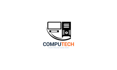 Computer logo design. Pc fix, repair, Computer maintenance service, software, Computer tech shop vector illustration