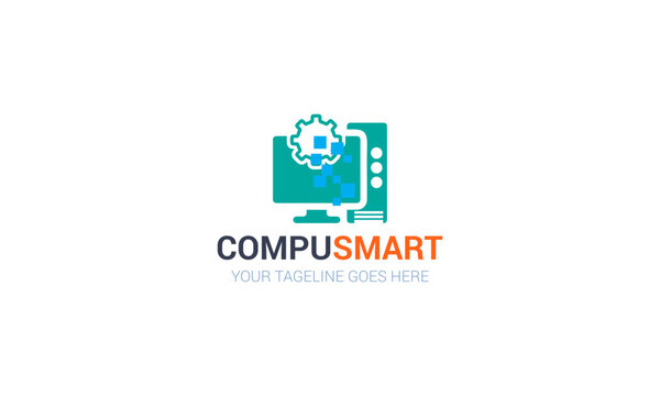 Computer logo design. Pc fix, repair, Computer maintenance service, software, Computer tech shop vector illustration