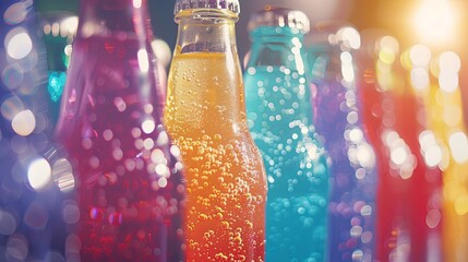 Lots of bottles of cold fruit water, tea or sodas with large drops of condensation on them. A refreshing drink. Illustration for cover, interior design, brochure, advertising, marketing, presentation. - 762654983