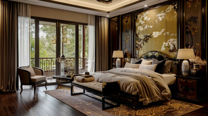 An elegant chinoiserie bedroom with French Art Nouveau elements, creating a space suitable for relaxation and rejuvenation.
