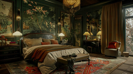 Luxurious bedroom in an old hotel, bedroom interior with a combination of balance and tranquility in harmony of Chinoiserie and French Art Nouveau styles, concept for design