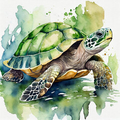 Watercolor illustration of cute turtle on white background. Wild animal. Wildlife concept.