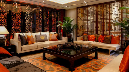 Luxurious living room decorated with Chinese decor including silk pillows, intricate screens and...