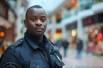 Protecting the Peace: A Black Security Guard in a Bustling Shopping Mall. Concept Security Officer, Shopping Mall, African American, Job Duties, Community Relations - obrazy, fototapety, plakaty