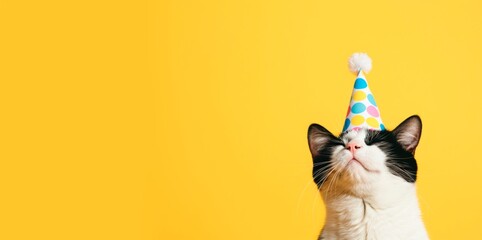 Black and white cat wearing a birthday hat isolated on a yellow background with copy space,...