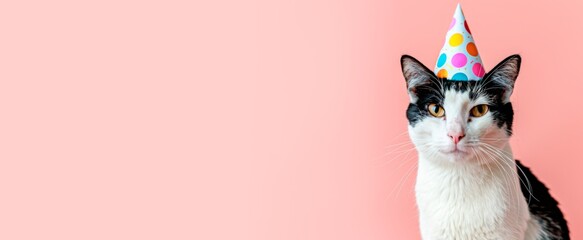 Black and white cat wearing a birthday hat isolated on a pastel pink  background with copy space, horizontal banner or card, happy birthday concept 