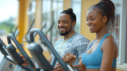 Smiling african american man and woman exercising on treadmill in gym. Fitness, lifestyle - Powered by Adobe