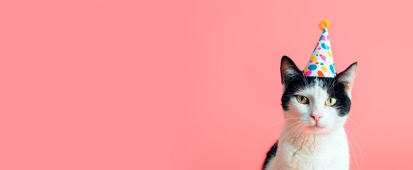 Black and white cat wearing a birthday hat isolated on a pastel pink  background with copy space,...
