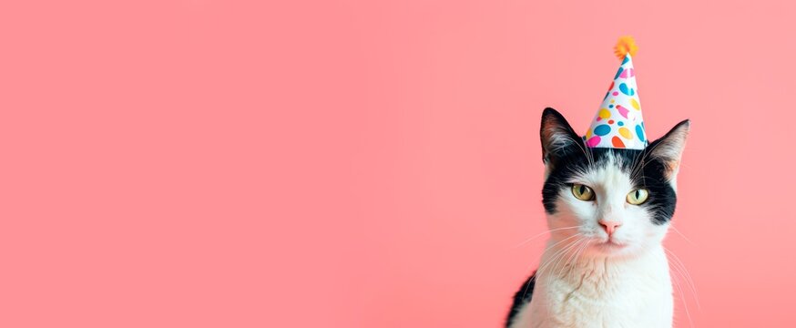 Black and white cat wearing a birthday hat isolated on a pastel pink  background with copy space, horizontal banner or card, happy birthday concept 