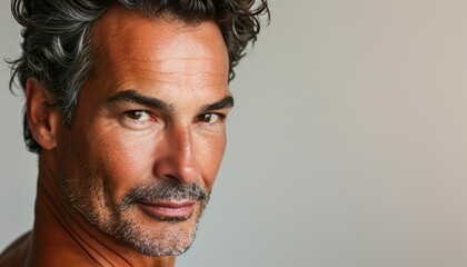 Chiseled Mature Man with Dark Eyes and Confident Stare