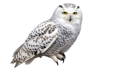 Majestic white owl with yellow eyes perched on a branch, observing its surroundings