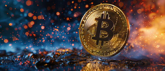 Bitcoin crypto currency gold coins logo as digital cryptocurrency symbol stock financial exchange business market trade. Btc blockchain future payments, investment technology background. - obrazy, fototapety, plakaty