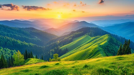 Panoramic idyllic mountain landscape with lush green meadows and wildflowers in bloom