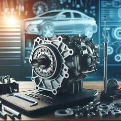 automatic transmission on auto mechanic desk on blurred background of auto service center