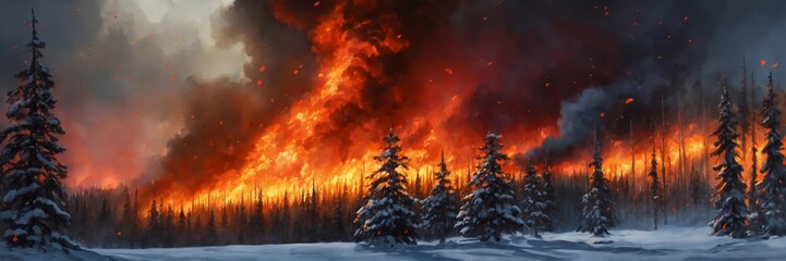 Scenic view of the fire in the snowy winter forest. Panorama. Large size. Banner.
