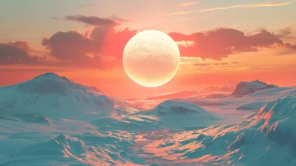  3D surreal landscape with a luminous sphere under a sunset sky, embodying minimalism and abstraction. © vadymstock