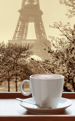 Cup of coffee against famous Eiffel Tower during spring in Paris, France - 762657327