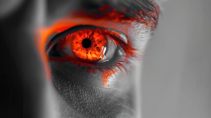 A vibrant red eye stands out in a monochrome close-up