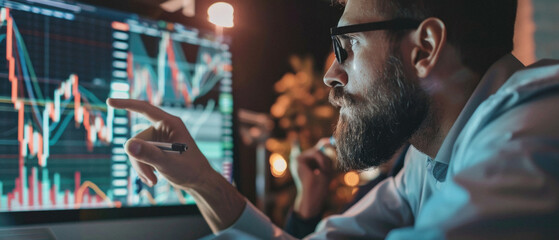 Stock trading investor, trader or broker analyst working analysing exchange market using computer...