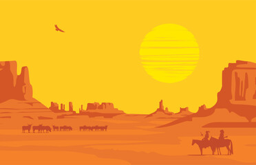 Vector Western landscape at orange sunset with silhouettes of Indians on horseback and buffalo herd at the wild American prairies. Decorative illustration, Wild West vintage background - 762657501