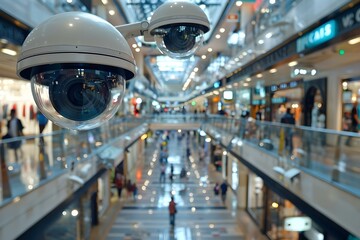 Security cameras in shopping mall prevent crime and ensure shopper safety. Concept Security measures, Crime prevention, Shopper safety, Surveillance technology, Public spaces