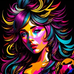 Pop art style portrait of a woman with long hair, bright colors, and a colorful dress