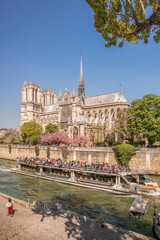 Paris, Notre Dame cathedral with boat on Seine in France