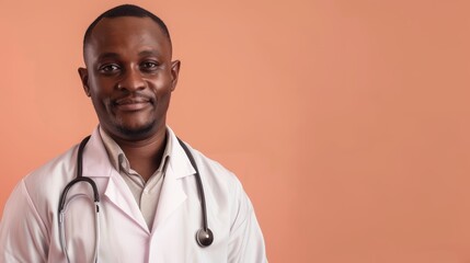 Mature African male doctor with stethoscope on orange background. Studio portrait. Medical professional and healthcare concept. - obrazy, fototapety, plakaty