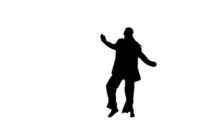 Business woman in formal outfit walking and dancing. Front view. Black silhouette on a white isolated background.