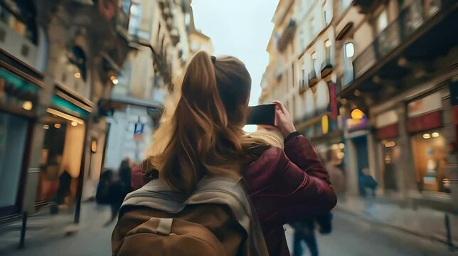 A young woman taking pictures on her smartphone of a  beautiful busy old town