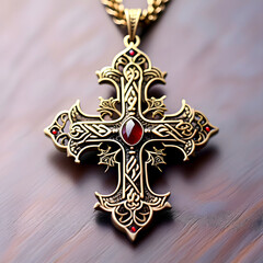 beautiful intricate ornate antique gold cross charm/pendant/necklace with expensive red ruby gemstone and intricate filigree design - macro closeup studio shot jewelry (costume jewelry)