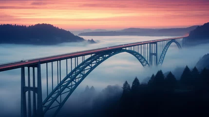 Fotobehang Mistige ochtendstond Bridge over forest with fog
